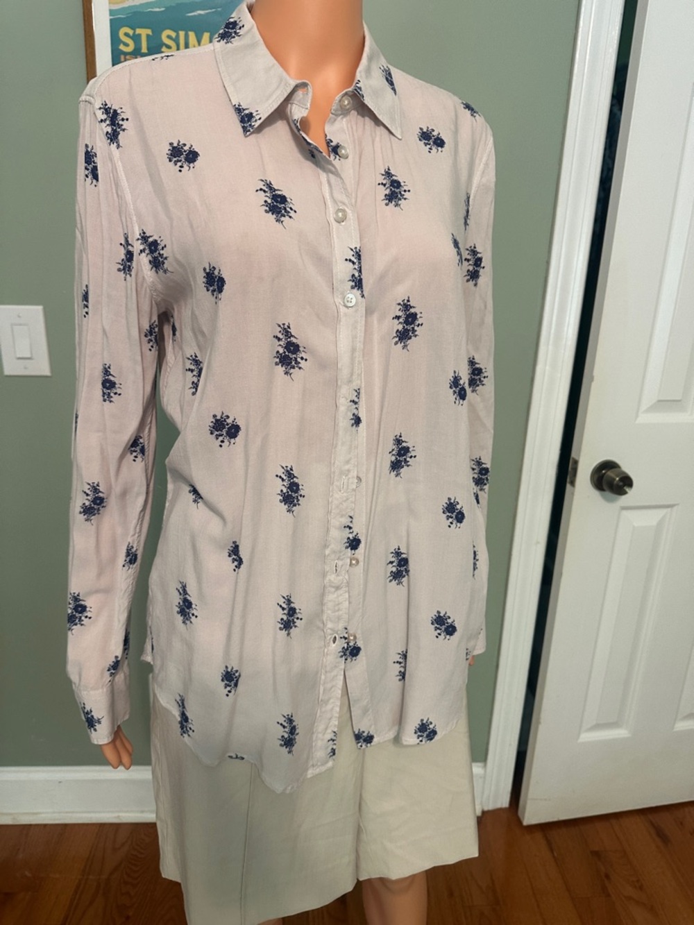 Joe Fresh Pale Pink Button-Down Shirt with Navy Floral Print